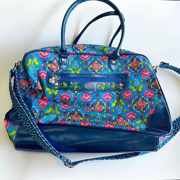 Oililly Women’s Blue Floral Bag Satchel Purse Crossbody Vinyl Nylon Folksy - Picture 1 of 10